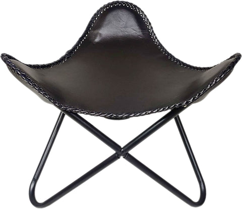PARRYS LEATHER WORLD Vintage Leather Butterfly Chair with Footstool Folding Modern Sling Loung Accent | Home Décor | Classic Handmade Chair (Fold-able Stand with Foot Stool) Black