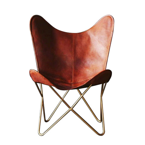 Leather Butterfly Chair | Leather Handmade Chair for Lounge Accent Outdoor and Indoor Home Décor | Relax Arm Chairs (Beige,Fold-able Stand)