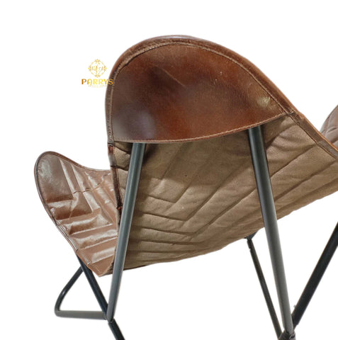 PARRYS LEATHER WORLD - Iron Frame Leather Butterfly Chair – Indoor/Outdoor Comfortable Arm Chair – Leisure Office Chair – Leather Living Room Relaxing Chair –Stitched Leather Chair