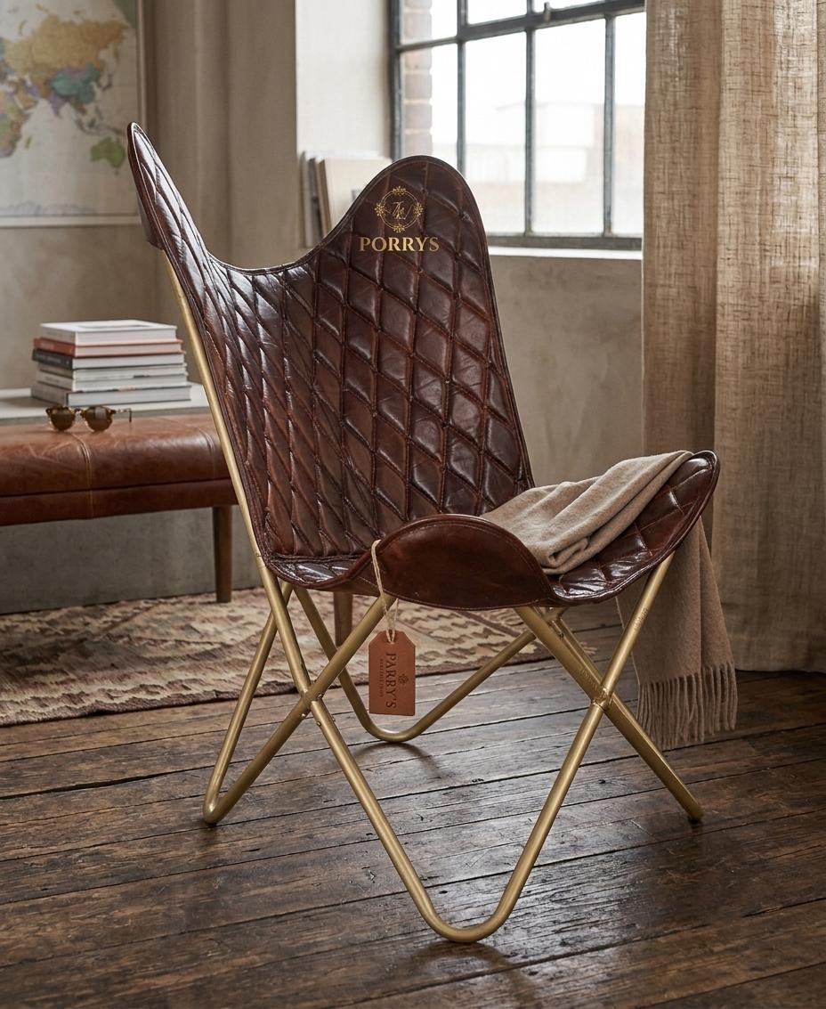 Handmade quilted leather butterfly chair — original Parrys product photo