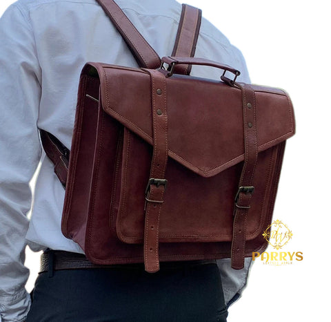 PARRYS LEATHER WORLD Laptop Briefcase Bag – Unisex leather Bag, Cross body Shoulder Bag – Convertible Backpack - Multi Compartment camping Bag – Hand Made Leather Hand Bag. PL1-22