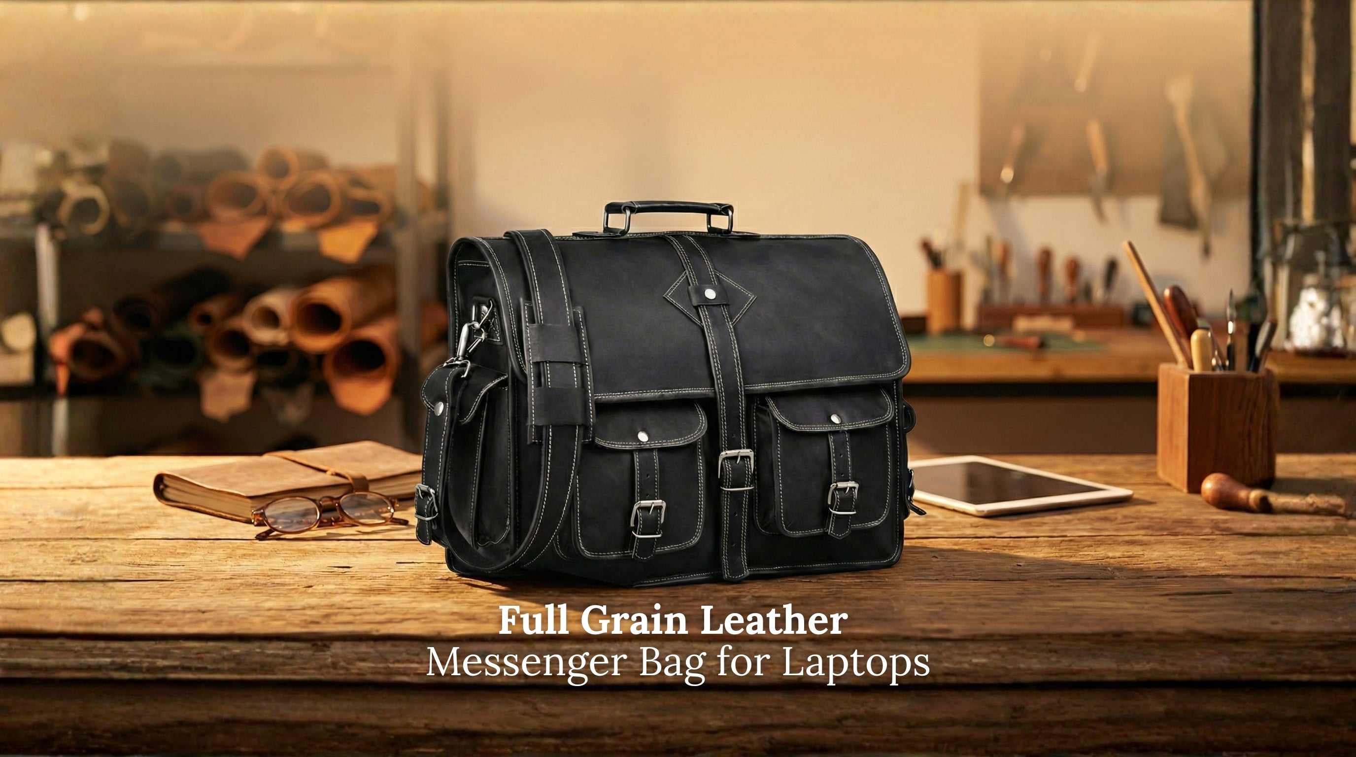 Full Grain Leather Messenger Bag for Laptops