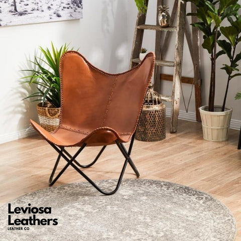 Rustic Leather Butterfly Salu Chair | Leather Handmade Chair for Lounge Accent Outdoor and Indoor Home Décor, Relax Arm Chairs (Black Fold-able Stand)