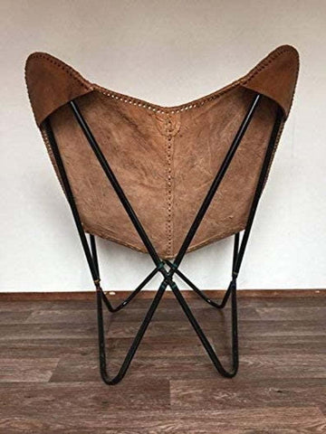 Rustic Leather Butterfly Salu Chair | Leather Handmade Chair for Lounge Accent Outdoor and Indoor Home Décor, Relax Arm Chairs (Black Fold-able Stand)