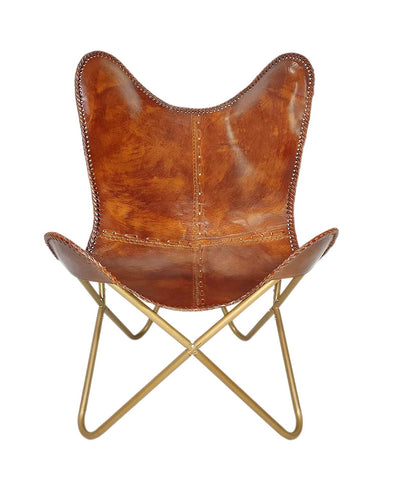 PARRYS LEATHER WORLD Vintage Brown Leather Butterfly Chair | Leather Butterfuly Handmade Chair for Lounge Accent Outdoor, Indoor Home Decor Chairs (Golden Frame,Fold-able Stand)