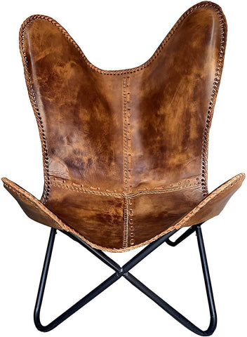 PARRYS LEATHER WORLD Vintage Brown Leather Butterfly Chair | Leather Butterfuly Handmade Chair for Lounge Accent Outdoor, Indoor Home Decor Chairs (Golden Frame,Fold-able Stand)