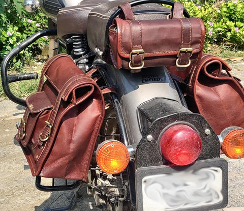 PARRYS LEATHER WORLD – Side Bag For Bike - Brown Leather Saddle bags – Panniers Bags Large Luggage 3 BAGS For Bike - Leather Bike Bag – Bullet Bag – Royal Enfield Bag, Vintage Brown Leather Bag PL1-44