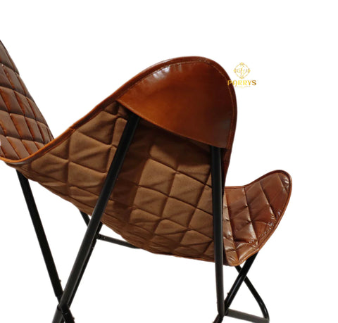 PARRYS LEATHER WORLD - Beautiful Texture Design Home & Office Decorative Leather Butterfly Chair – Stitched Leather Chair – Living Room Relaxing Chair – Iron Leg Furniture Chair