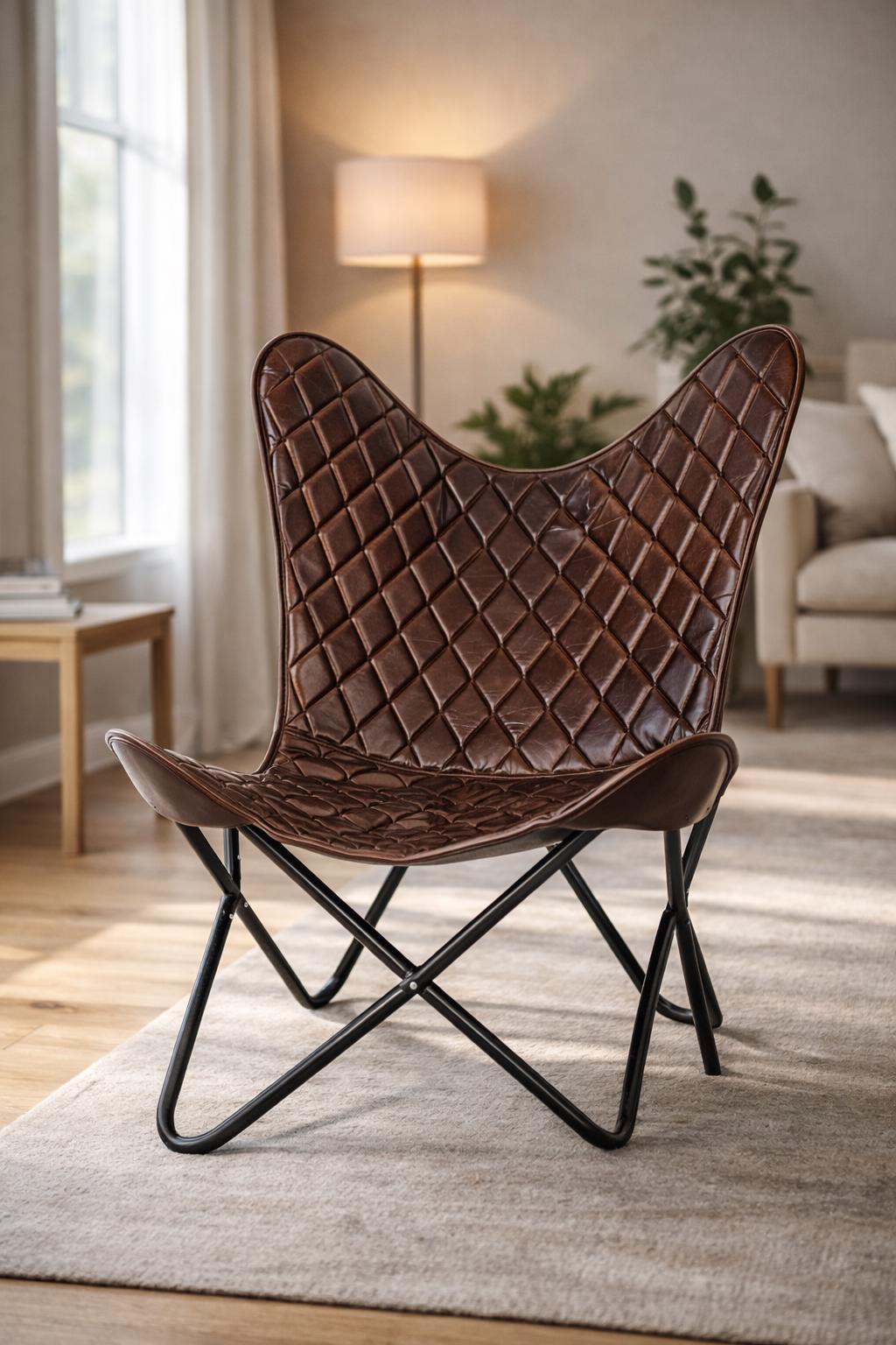 Handmade quilted leather butterfly chair — original Parrys product photo