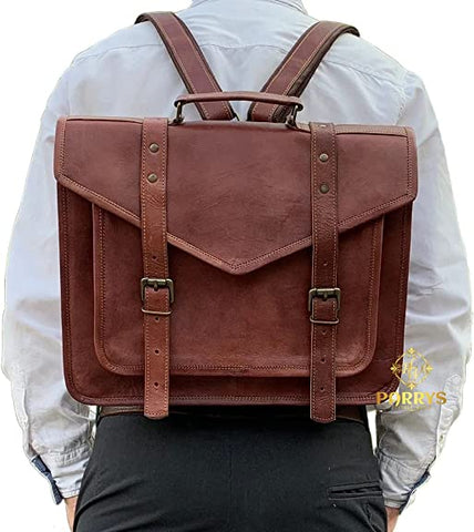 PARRYS LEATHER WORLD 18 inch Laptop Briefcase Bag – Unisex leather Bag, Cross body Shoulder Bag – Convertible Backpack - Multi Compartment camping Bag – Hand Made Leather Hand Bag. PL1-22