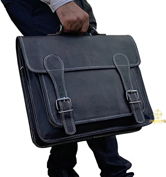 PARRYS LEATHER WORLD Black Briefcase Leather Bag, Distressed Leather 16 Inch Laptop Bag – Office Shoulder Bag, Document Holder Back Pack, Cross Body Bag. PL1-27