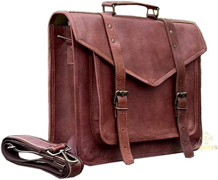 PARRYS LEATHER WORLD 18 inch Laptop Briefcase Bag – Unisex leather Bag, Cross body Shoulder Bag – Convertible Backpack - Multi Compartment camping Bag – Hand Made Leather Hand Bag. PL1-22