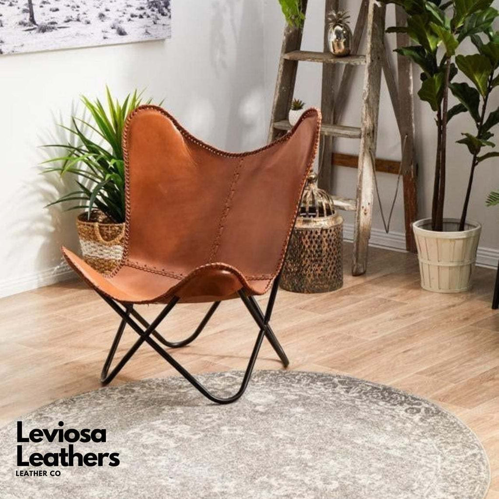 Parrys Leather World Vintage Leather Butterfly Salu Chair | Leather Handmade Chair for Lounge Accent Outdoor and Indoor Home Décor, Relax Arm Chairs (TAN Fold-able Stand)