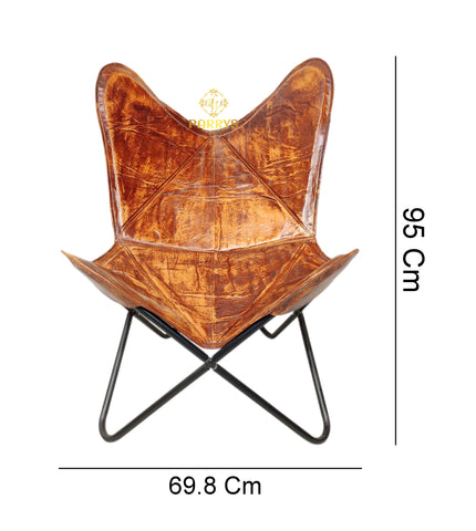 PARRYS LEATHER WORLD - Indian Living Room Relaxing Butterfly Chair – Iron Frame Lounge Chair For Home and Café – Genuine Brown Leather Comfortable Arm Chair – Handmade Leather Chair