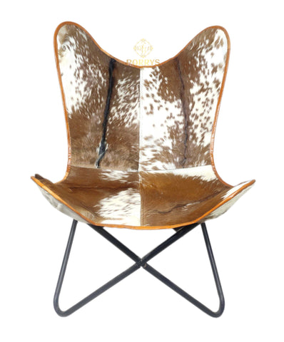 PARRYS LEATHER WORLD - Butterfly Chair - Genuine Brown And White Combination Leather Butterfly Chair – Iron Frame Folding Chair, Living Room Comfortable Chair - Home And Office Relaxing Arm Chair