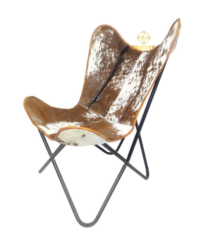 PARRYS LEATHER WORLD - Butterfly Chair - Genuine Brown And White Combination Leather Butterfly Chair – Iron Frame Folding Chair, Living Room Comfortable Chair - Home And Office Relaxing Arm Chair