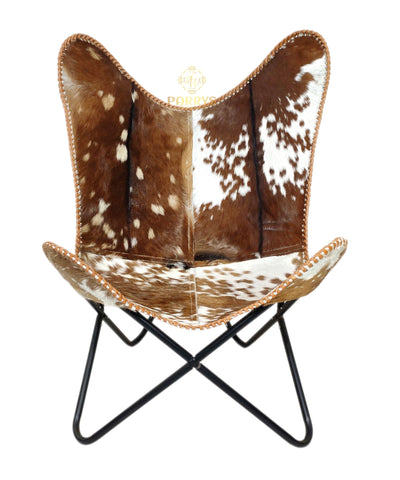 PARRYS LEATHER WORLD – Butterfly Chair - Living Room Decoration Brown & White Goat Hair Leather Relaxing Chair – Black Powder Coated Frame Folding Office Comfortable Chair – Leather Butterfly Recliner Chair