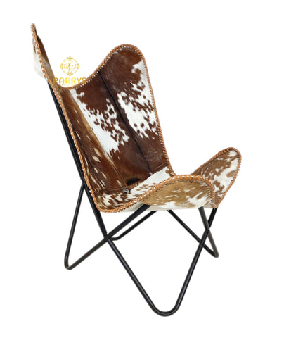 PARRYS LEATHER WORLD – Butterfly Chair - Living Room Decoration Brown & White Goat Hair Leather Relaxing Chair – Black Powder Coated Frame Folding Office Comfortable Chair – Leather Butterfly Recliner Chair