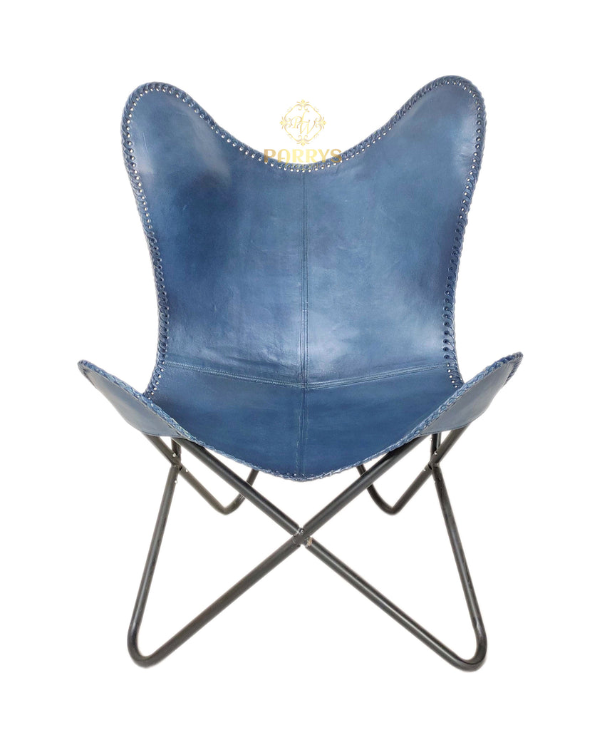 PARRYS LEATHER WORLD - Leather Butterfly Chair - Home & Living Room Decor Chair – Black Powder Coated Iron Openable Frame Lounge Chair – Blue Leather Indoor/Outdoor Comfortable Chair