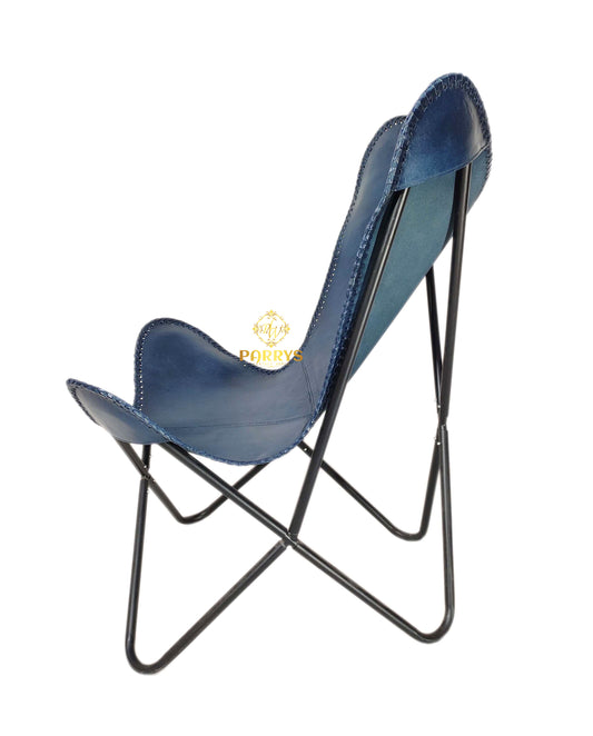 PARRYS LEATHER WORLD - Leather Butterfly Chair - Home & Living Room Decor Chair – Black Powder Coated Iron Openable Frame Lounge Chair – Blue Leather Indoor/Outdoor Comfortable Chair