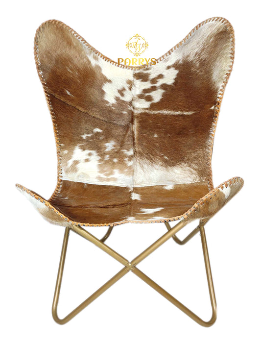 PARRYS LEATHER WORLD - Openable Goat Hair Leather Butterfly Chair – Living Room Relaxing Chair – Indoor/Outdoor Comfortable Recliner Chair – Handmade Brown & White Genuine Leather Chair