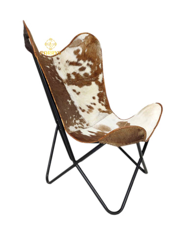 PARRYS LEATHER WORLD - Openable Iron Stand Goat Hair Leather Relaxing Chair – Indian Handmade Leather Butterfly Chair – Brown & White Comfortable Arm Chair – Indoor/Outdoor Relaxing Chair