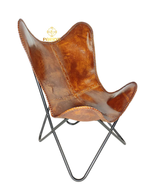 PARRYS LEATHER WORLD - Brown Leather Furniture Chair – Iron Leg Leather Butterfly Chair – Living Room Relaxing Chair - Indoor/Outdoor Comfortable Arm Chair – Home & Office Lounge Chair