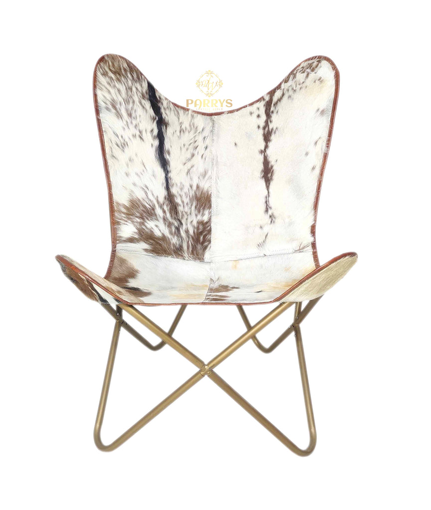 PARRYS LEATHER WORLD - Indoor/Outdoor Relaxing Leather Butterfly Chair – Brown & White Goat Hair Comfortable Office Chair – Living Room Chair – Iron Golden Powder Coated Frame Folding Chair