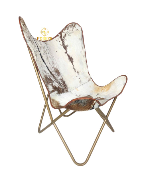 PARRYS LEATHER WORLD - Indoor/Outdoor Relaxing Leather Butterfly Chair – Brown & White Goat Hair Comfortable Office Chair – Living Room Chair – Iron Golden Powder Coated Frame Folding Chair