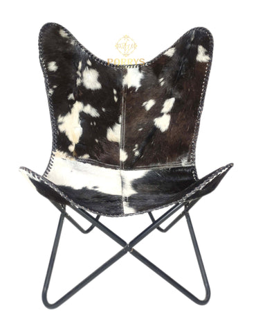 PARRYS LEATHER WORLD - Iron Frame Lounge Chair – Black & White Leather Relaxing Chair – Genuine Goat Hair Leather Butterfly Chair – Living Room Comfortable Chair – Folding Furniture Chair