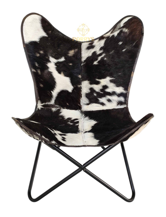 PARRYS LEATHER WORLD - Leather Butterfly Indoor/Outdoor Comfortable Chair – Genuine Black & White Goat Hair Leather Office Relaxing Chair – Powder Coated Iron Frame Lounge Chair