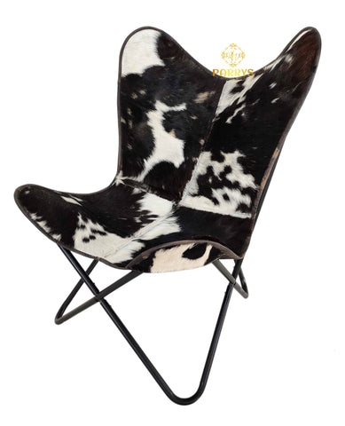 PARRYS LEATHER WORLD - Leather Butterfly Indoor/Outdoor Comfortable Chair – Genuine Black & White Goat Hair Leather Office Relaxing Chair – Powder Coated Iron Frame Lounge Chair