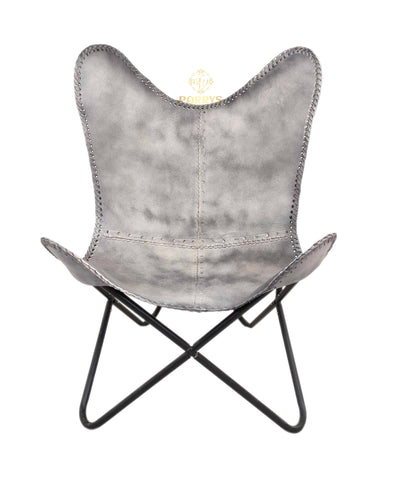 PARRYS LEATHER WORLD - Iron Frame Folding Chair - Gray Leather Butterfly Relaxing Chair For Office And Home – Handmade Leather Living Room Chair – Comfortable Recliner Chair – Lounge Chair