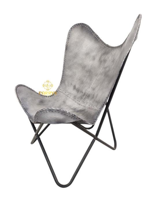 PARRYS LEATHER WORLD - Iron Frame Folding Chair - Gray Leather Butterfly Relaxing Chair For Office And Home – Handmade Leather Living Room Chair – Comfortable Recliner Chair – Lounge Chair