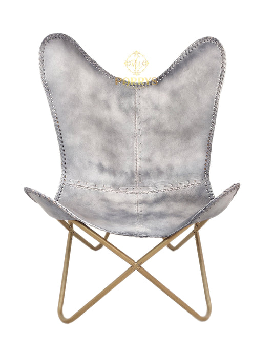 PARRYS LEATHER WORLD - Gray Leather Butterfly Chair For Home & Office - Handmade Relaxing Chair - Folding Comfortable Arm Chair – Golden Frame Indoor/Outdoor Relaxing Chair - Leisure Chair