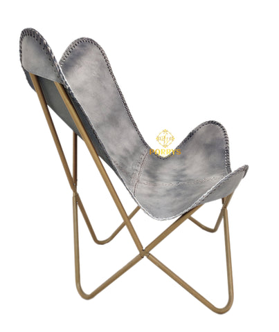 PARRYS LEATHER WORLD - Gray Leather Butterfly Chair For Home & Office - Handmade Relaxing Chair - Folding Comfortable Arm Chair – Golden Frame Indoor/Outdoor Relaxing Chair - Leisure Chair