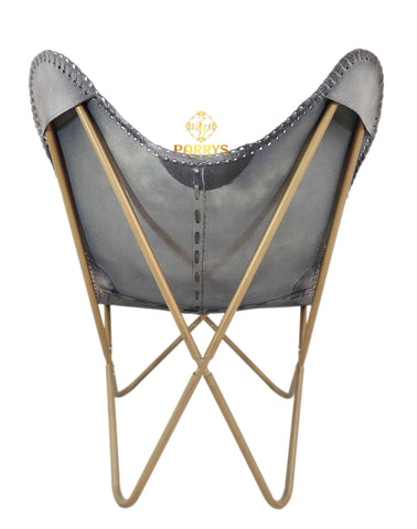 PARRYS LEATHER WORLD - Gray Leather Butterfly Chair For Home & Office - Handmade Relaxing Chair - Folding Comfortable Arm Chair – Golden Frame Indoor/Outdoor Relaxing Chair - Leisure Chair