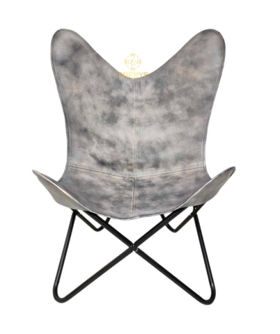 PARRYS LEATHER WORLD - Iron Stand Leather Office Chair – Handmade Gray Leather Chair – Indian Living Room Comfortable Recliner Chair – Arm Relaxing Chair – Decorative Leather Butterfly Chair