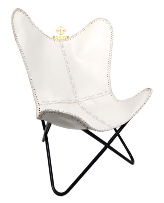 PARRYS LEATHER WORLD - White Leather Butterfly Chair For Office And Home –Handmade  Relaxing Chair - Goat Leather Living Room Chair