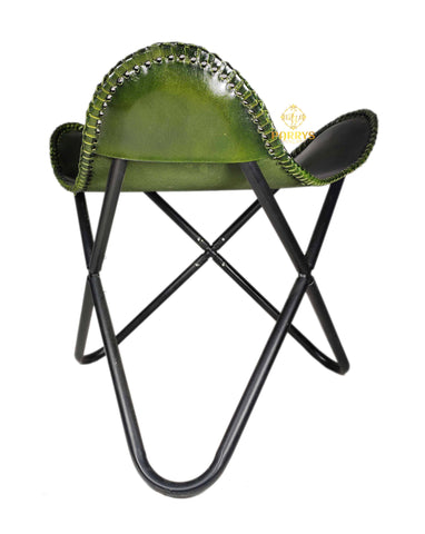 PARRYS LEATHER WORLD - Openable Butterfly Chair Stool – Green Leather Ottoman Stool – Iron Openable Frame Leahter Lounge Footrest Foot Stool – Indoor / Outdoor Relaxing Foot Stool
