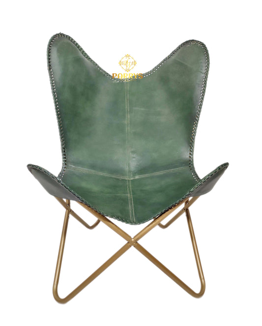 PARRYS LEATHER WORLD - Handmade Genuine Leather Sling Chair Ottoman - Green Leather Relaxing Chair With Footrest Stool – Golden Powder Coated Frame Leather Butterfly Chair & Ottoman Stool