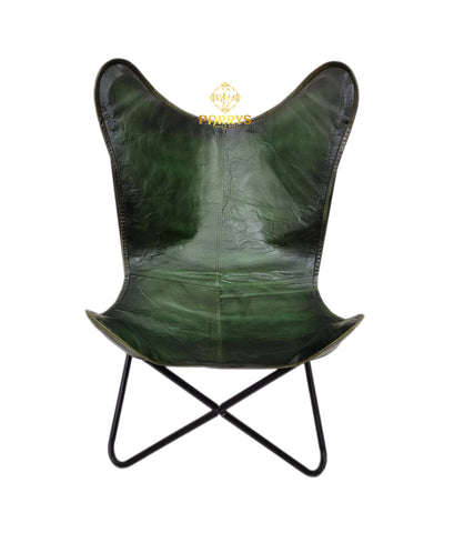 PARRYS LEATHER WORLD - Iron Openable Chair & Stool With Leather Cover – Home & Office Relaxing Chair & Ottoman Stool – Green Leather Butterfly Chair – Leather Furniture Footrest Foot Stool