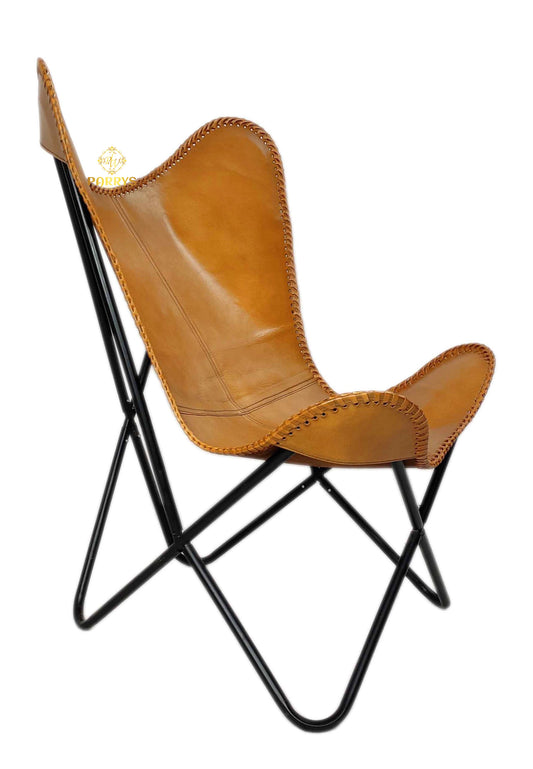 PARRYS LEATHER WORLD - Leather Home & Living Room Decor Chair - Powder Coated Iron Openable Frame Lounge Chair – Brown Leather Butterfly Relaxing Office Chair – Indoor /Outdoor Leisure Chair