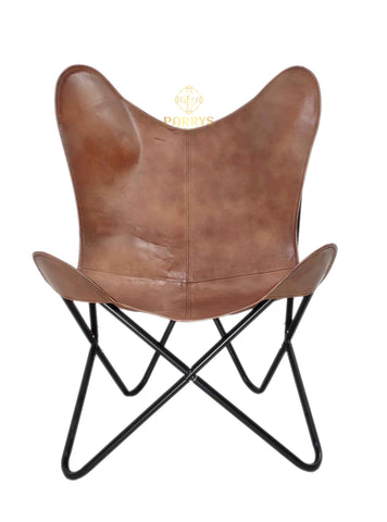 PARRYS LEATHER WORLD - Brown Leather Butterfly Chair With Iron Openable Stand – Home & Garden Relaxing Leather Chair - Handmade Leather Living Room Chair – Leather Lounge Chair