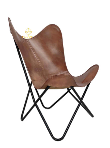 PARRYS LEATHER WORLD - Brown Leather Butterfly Chair With Iron Openable Stand – Home & Garden Relaxing Leather Chair - Handmade Leather Living Room Chair – Leather Lounge Chair