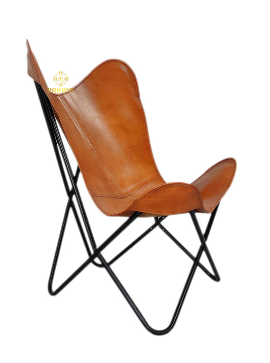 PARRYS LEATHER WORLD - Leather Comfortable Chair - Iron Frame Lounge Chair – Indian Living Room Lounge Chair – Indoor/Outdoor Relaxing Leather Butterfly Chair – Brown Leather Chair