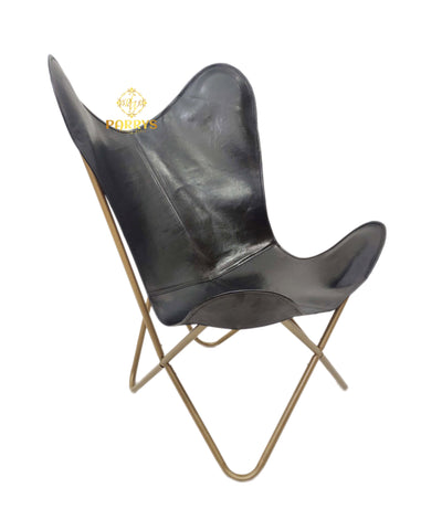 PARRYS LEATHER WORLD - Butterfly Chair - Indian Handmade Iron Frame Openable Chair, Relaxing Chair, Office Chair Black Leather Butterfly Chair, Comfortable Chair