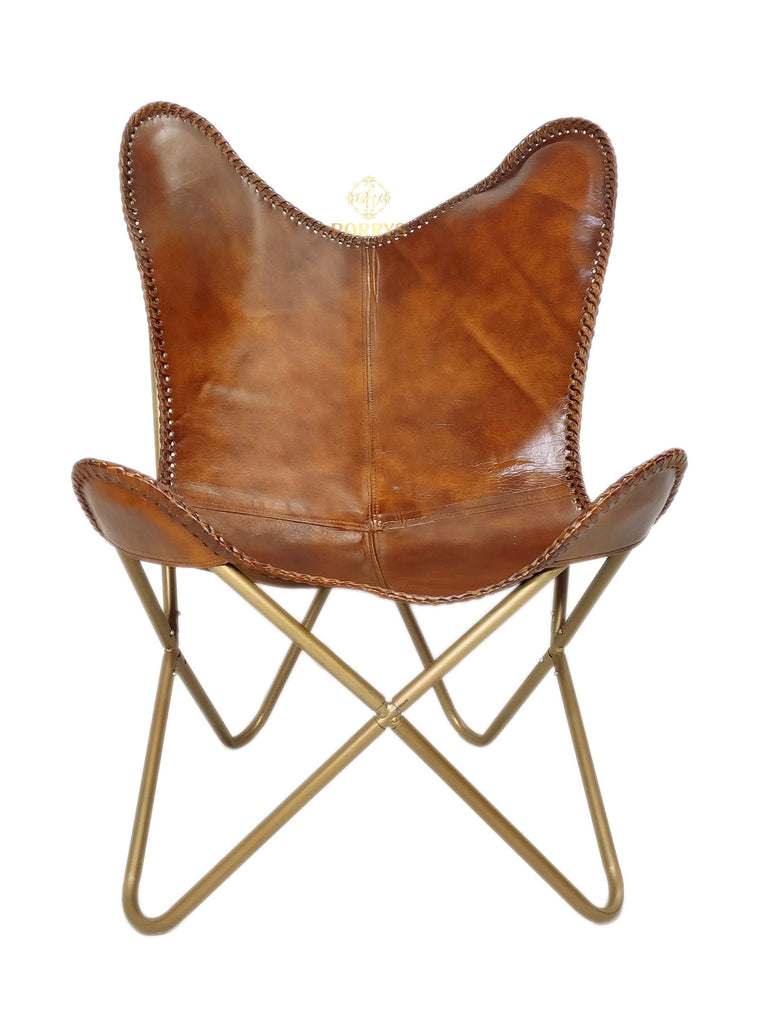 PARRYS LEATHER WORLD - Leisure Office Chair – Indoor/Outdoor Relaxing Leather Butterfly Chair – Living Room Comfortable Chair – Golden Powder Coated Iron Frame Brown Leather Chair