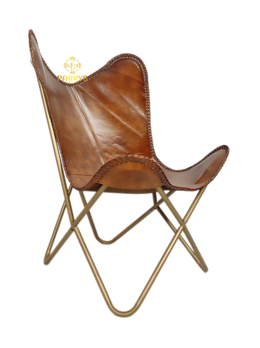 PARRYS LEATHER WORLD - Leisure Office Chair – Indoor/Outdoor Relaxing Leather Butterfly Chair – Living Room Comfortable Chair – Golden Powder Coated Iron Frame Brown Leather Chair