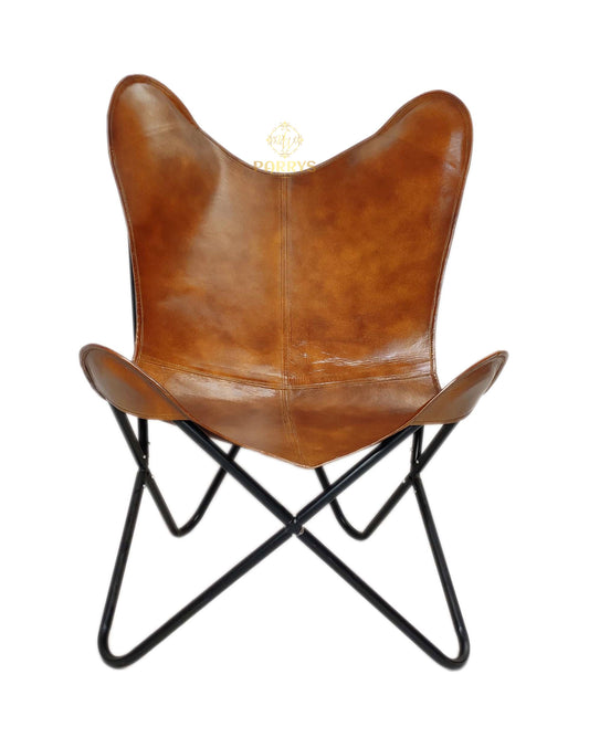 PARRYS LEATHER WORLD - Home & Office Relaxing Leather Chair – Brown Indian Handmade Leather Butterfly Chair – Iron Leg Furniture Chair – Indoor/Outdoor Comfortable Arm Chair